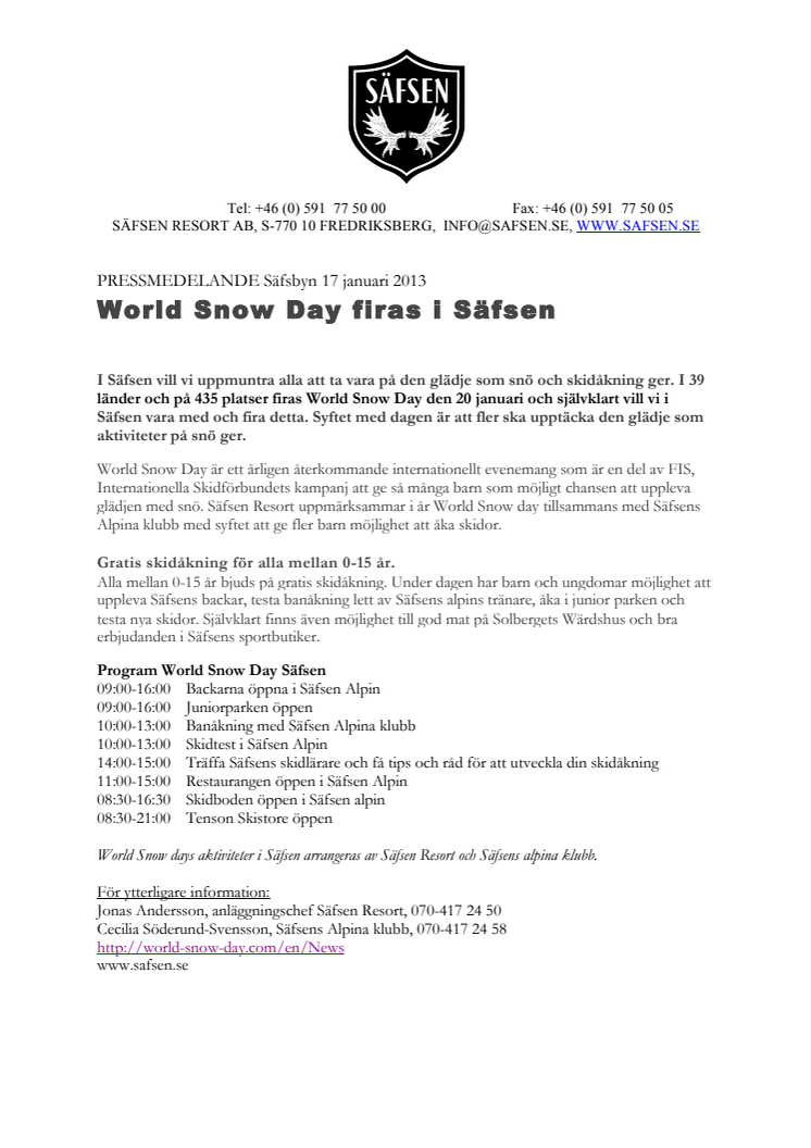 World Snow Day firas i Säfsen