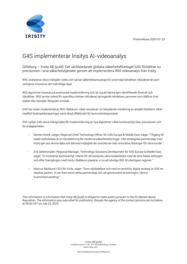 G4S implementerar Irisitys AI-videoanalys