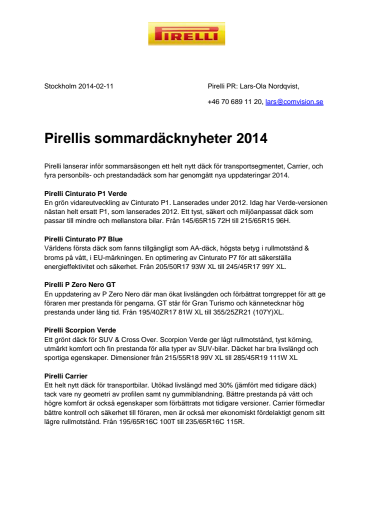 Pirellis sommardäcknyheter 2014