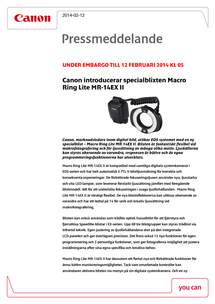 Canon introducerar specialblixten Macro Ring Lite MR-14EX II