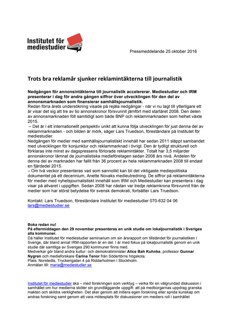 Trots bra reklamår sjunker reklamintäkterna till journalistik