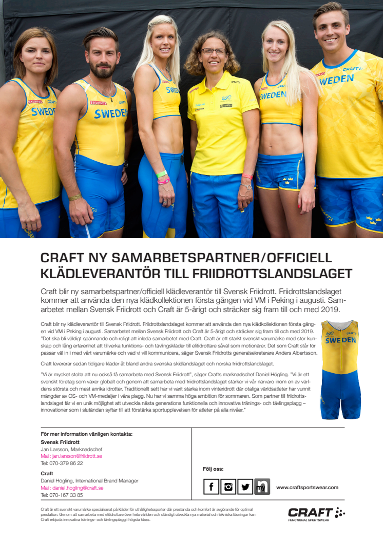 Craft ny samarbetspartner/officiell klädleverantör till friidrottslandslaget