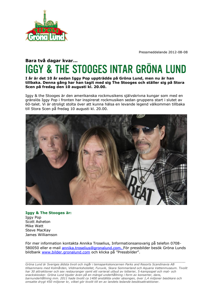Iggy & The Stooges intar Gröna Lund