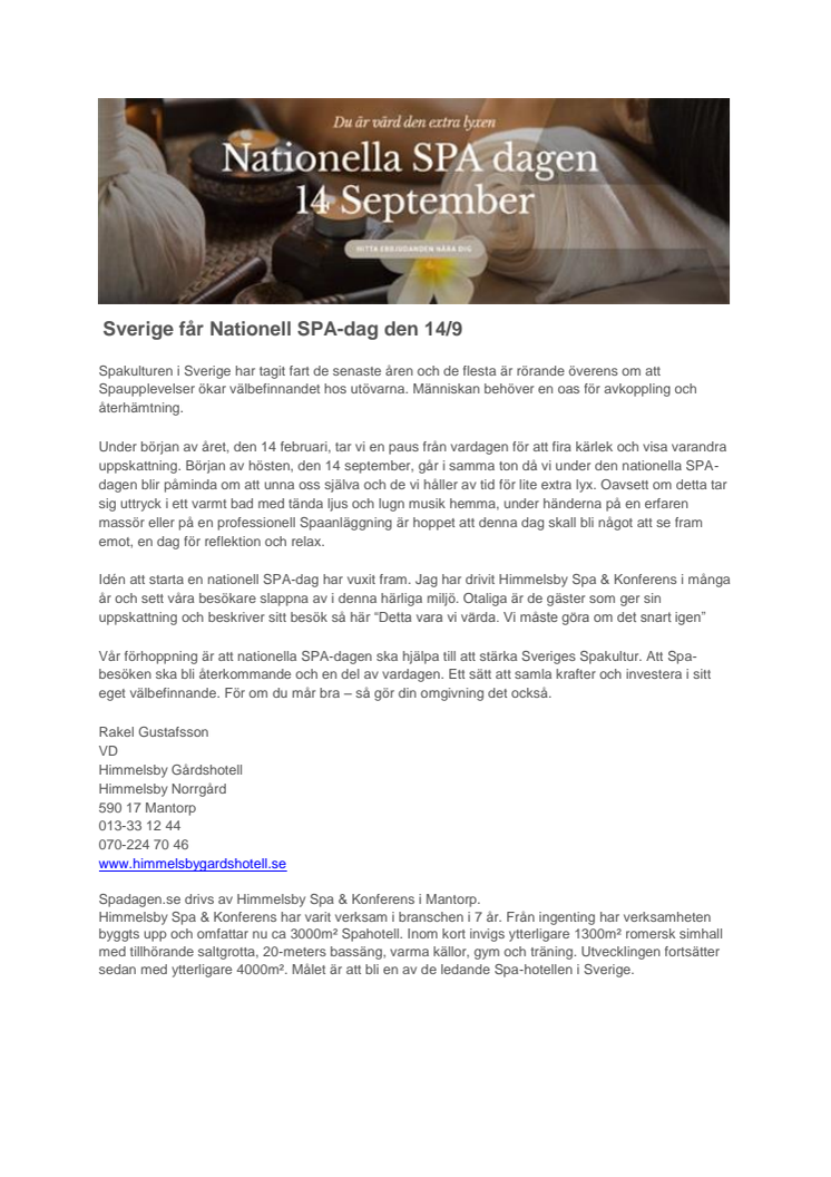 Sverige får Nationell SPA-dag den 14/9