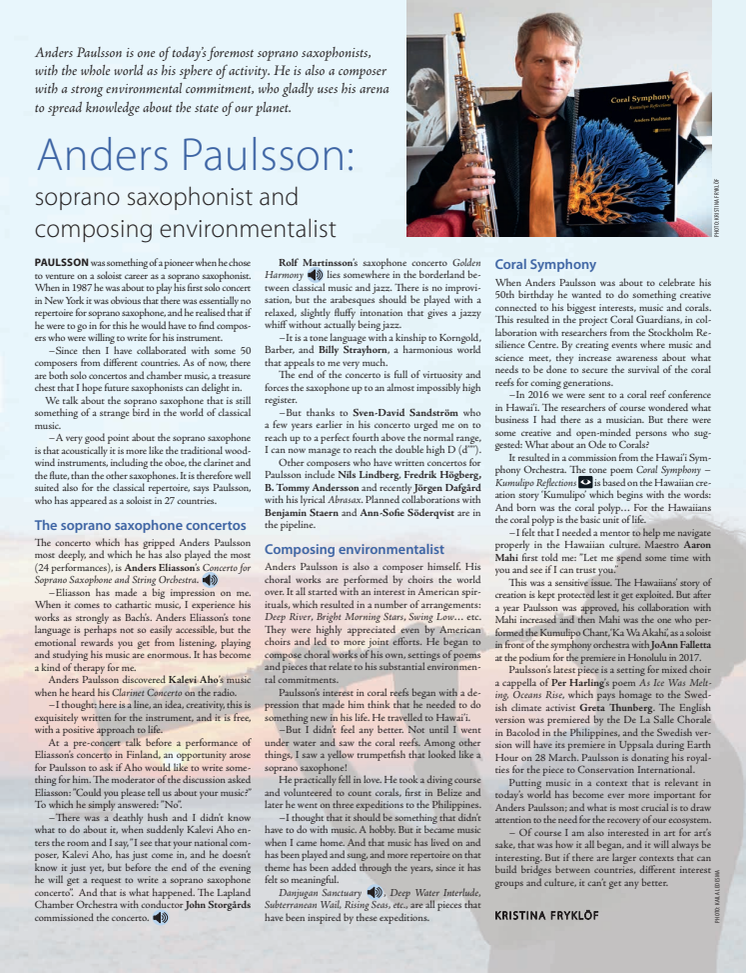 Anders Paulsson – soprano saxophonist and composing environmentalist