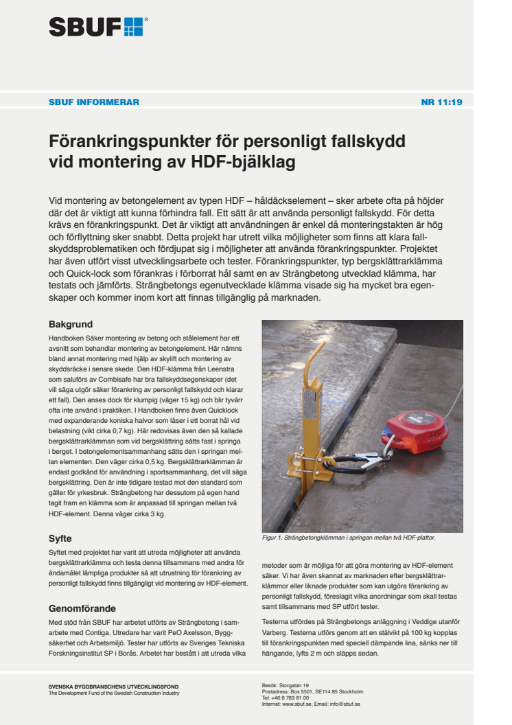 SBUF Informerar, nr. 11-19 Förankringspunkter för personligt fallskydd vid montering av HDF-bjälklag 