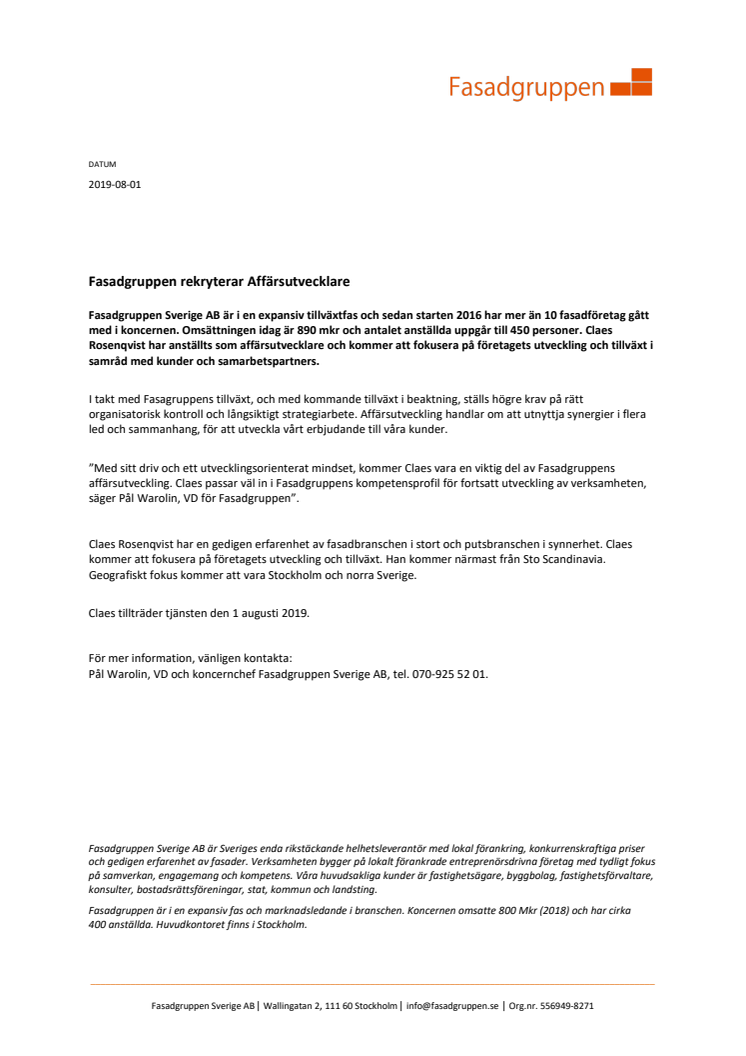 Fasadgruppen rekryterar Affärsutvecklare
