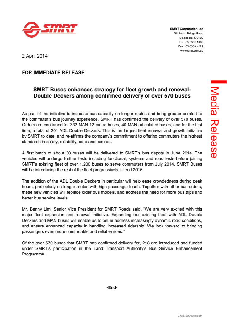 SMRT Buses enhances strategy for fleet growth and renewal: Double Deckers among confirmed delivery of over 570 buses