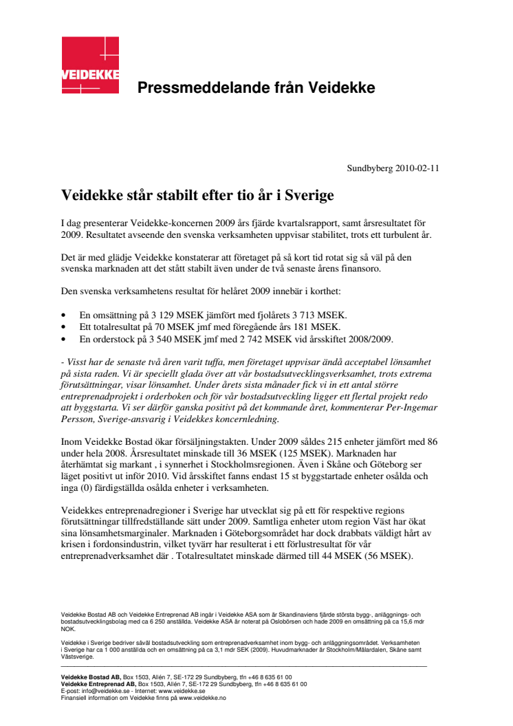 Veidekke står stabilt efter tio år i Sverige