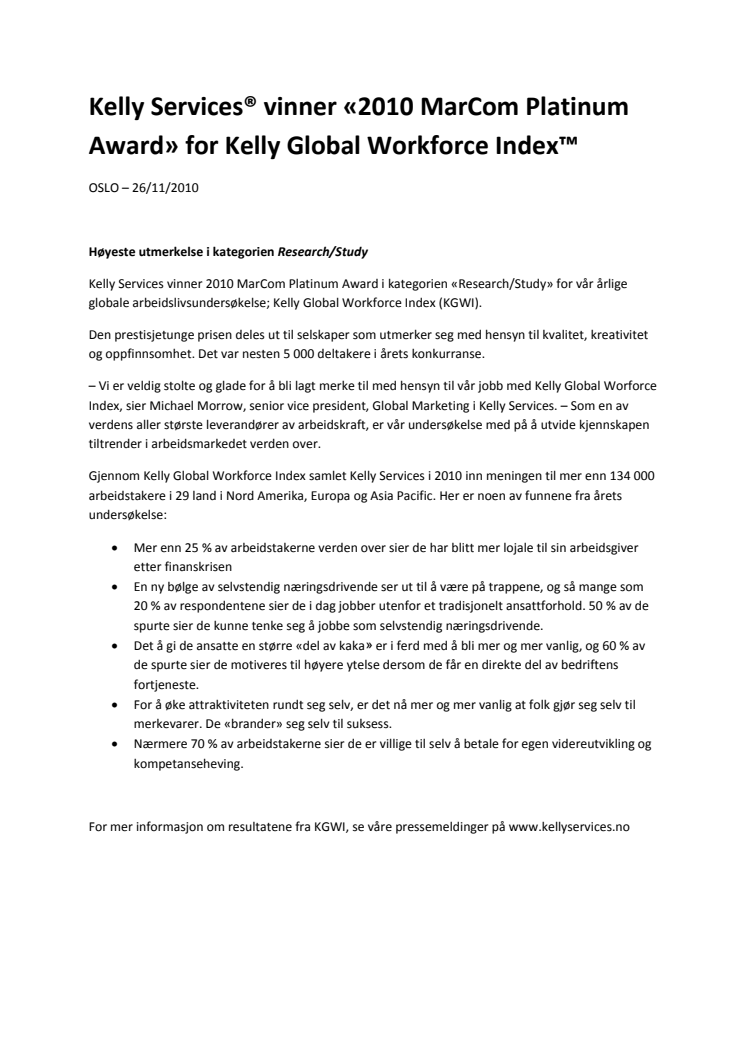 Kelly Services® vinner «2010 MarCom Platinum Award» for Kelly Global Workforce Index™