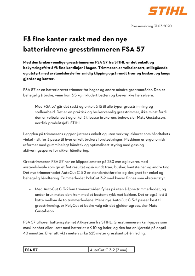 Få fine kanter raskt med den nye batteridrevne gresstrimmeren FSA 57 