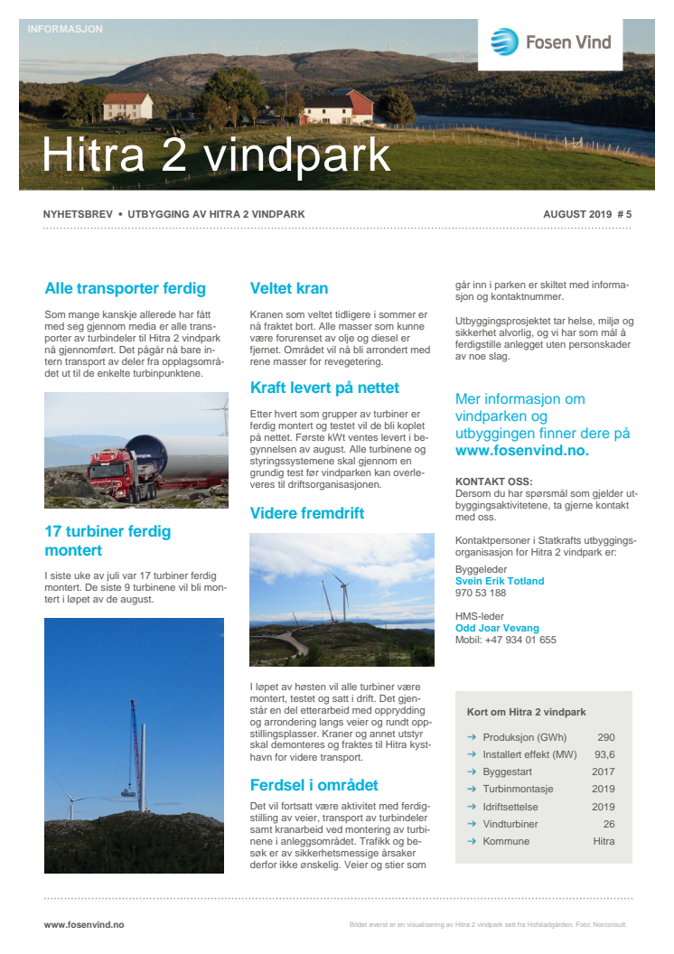 Nyhetsbrev 5 Hitra 2 vindpark, august 2019