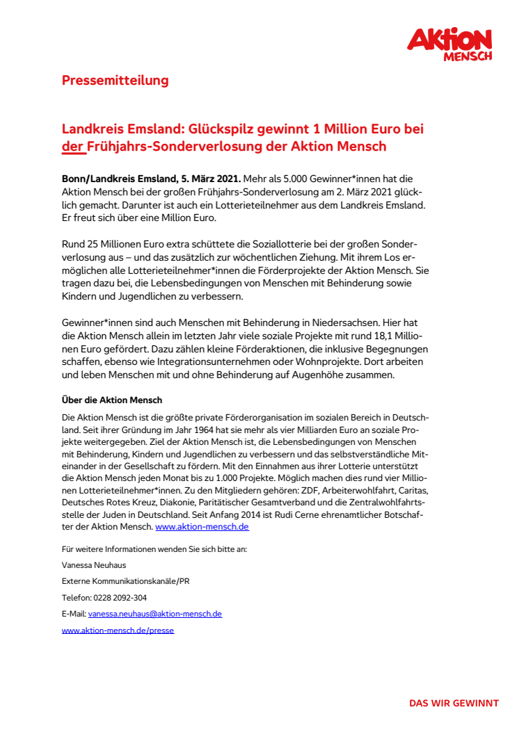 Landkreis Emsland: Glückspilz gewinnt 1 Million Euro bei der Frühjahrs-Sonderverlosung der Aktion Mensch
