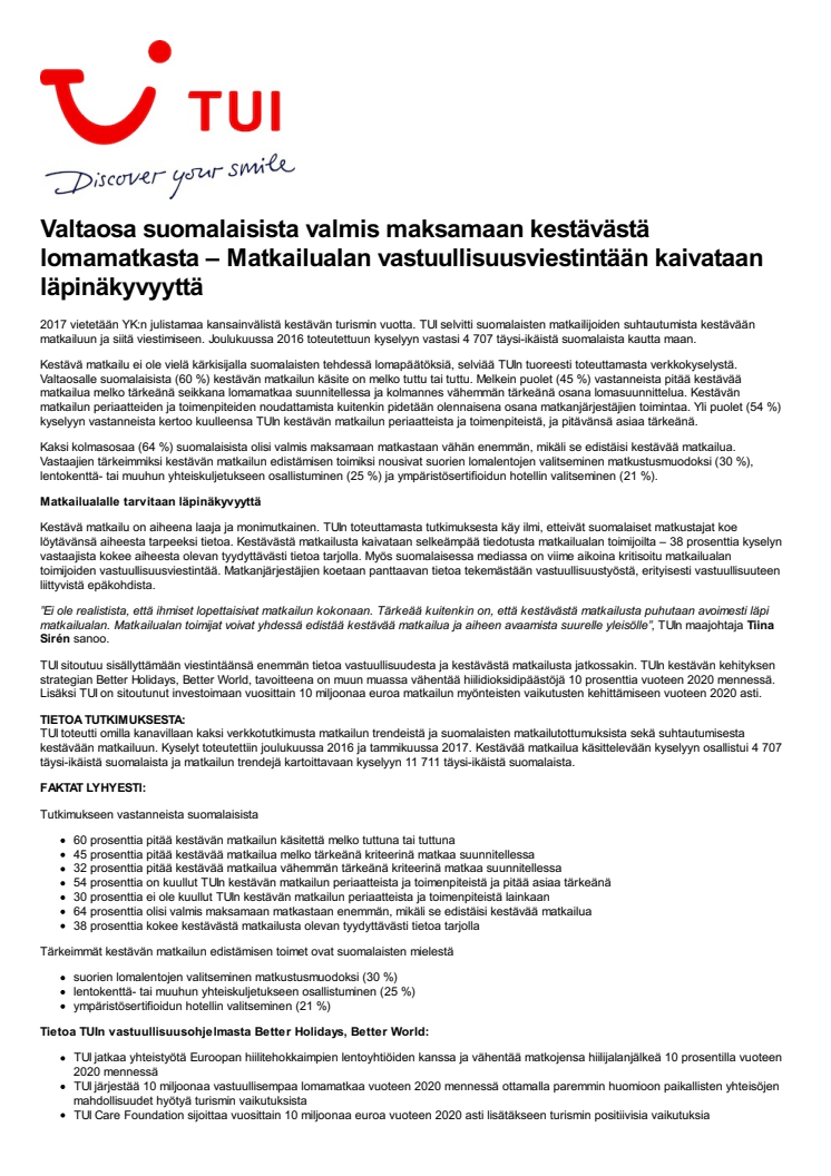 Valtaosa suomalaisista valmis maksamaan kestävästä lomamatkasta – Matkailualan vastuullisuusviestintään kaivataan läpinäkyvyyttä