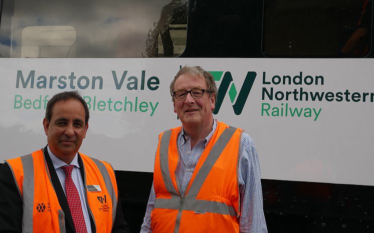 Jan Chaudhry-van der Velde and Adrian Shooter unveil with special Marston Vale livery for the upcoming Class 230 units