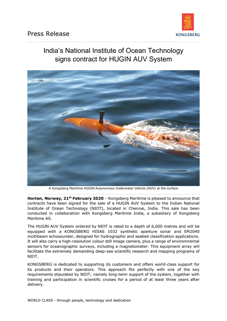 India’s National Institute of Ocean Technology signs contract for HUGIN AUV System