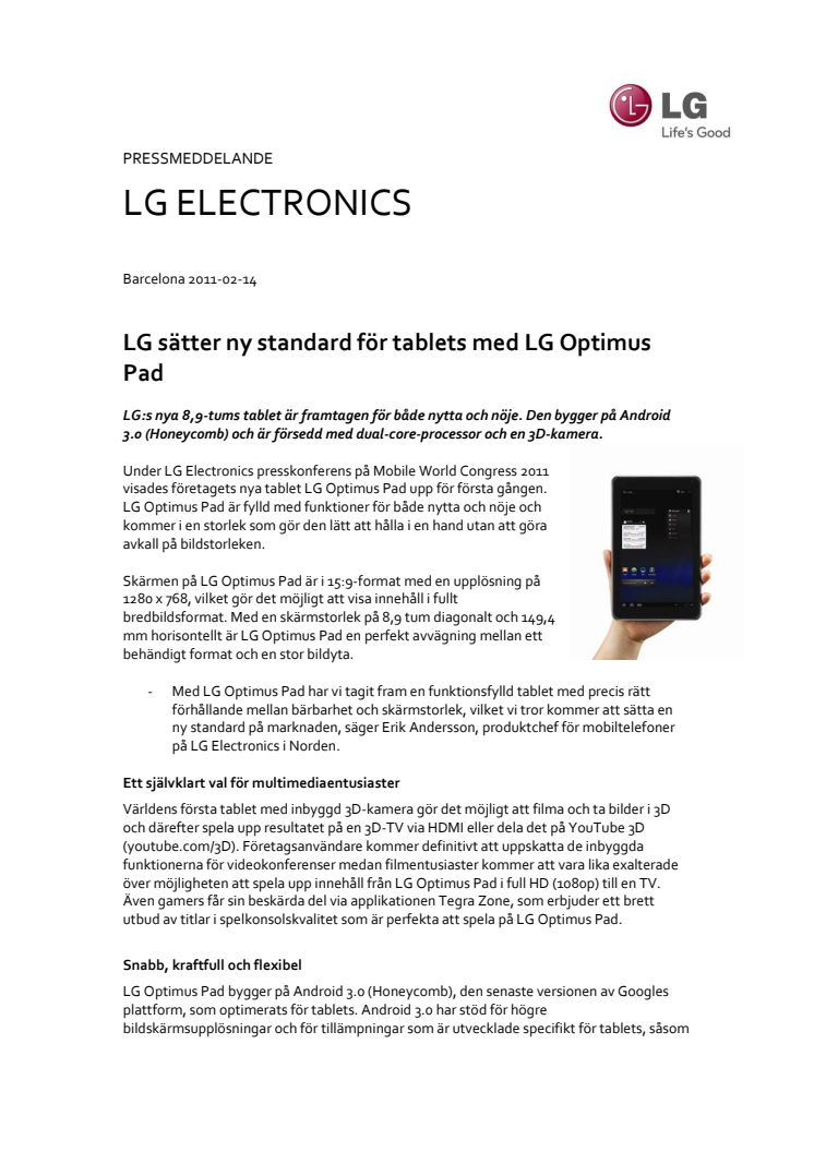  LG sätter ny standard för tablets med LG Optimus Pad 