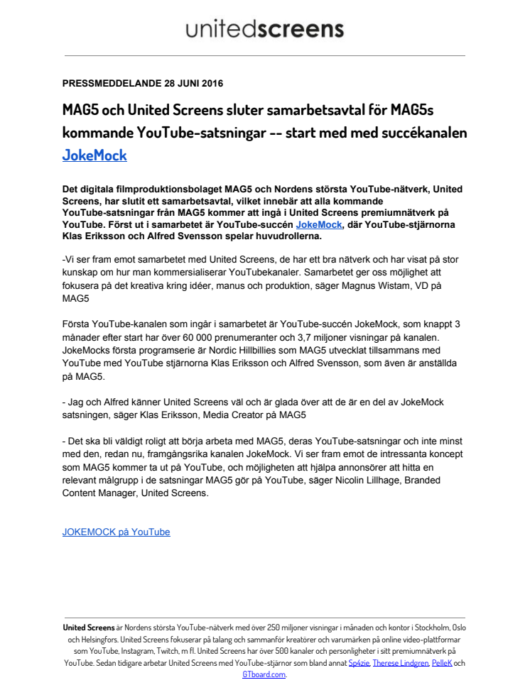 MAG5 och United Screens sluter samarbetsavtal för MAG5s kommande YouTube-satsningar -- start med med succékanalen JokeMock