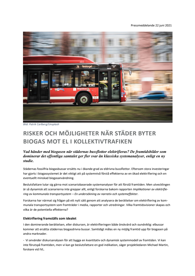 Risker och möjligheter när städer byter biogas mot el i kollektivtrafiken