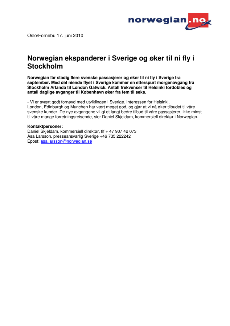 Norwegian ekspanderer i Sverige og øker til ni fly i Stockholm