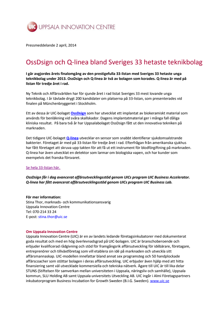 OssDsign och Q-linea bland Sveriges 33 hetaste teknikbolag