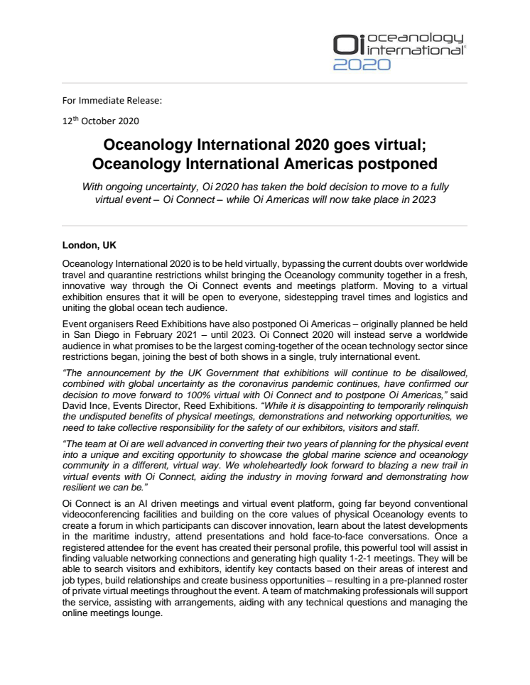 Oceanology International 2020 goes virtual; Oceanology International Americas postponed