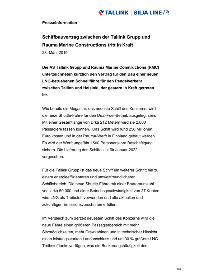 Schiffbauvertrag zwischen der Tallink Grupp und Rauma Marine Constructions tritt in Kraft