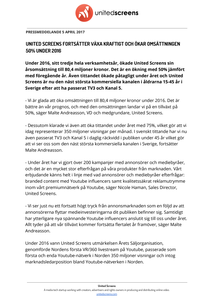 ​United Screens fortsätter växa kraftig kraftigt och ökar omsättningen 50% under 2016