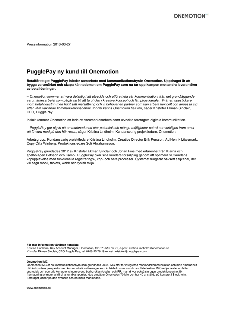 PugglePay ny kund till Onemotion
