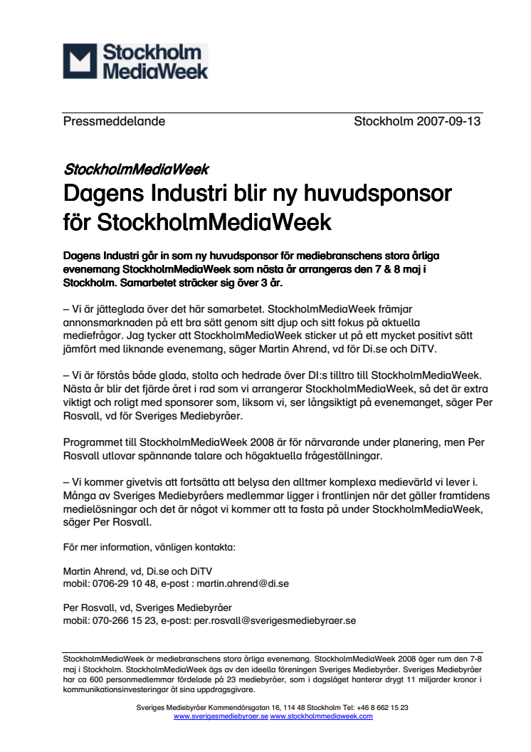Dagens Industri blir ny huvudsponsor för StockholmMediaWeek