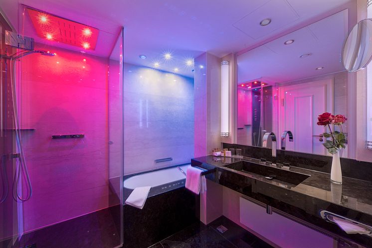 Atmospheric colours in the new bathrooms at the Maritim Hotel Bremen, Germany. 