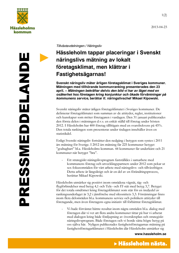 Hässleholm tappar placeringar i Svenskt näringslivs mätning av lokalt företagsklimat, men klättrar i Fastighetsägarnas