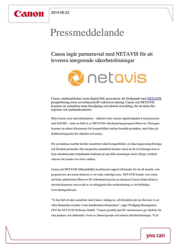 Canon ingår partneravtal med NETAVIS för att leverera integrerade säkerhetslösningar  