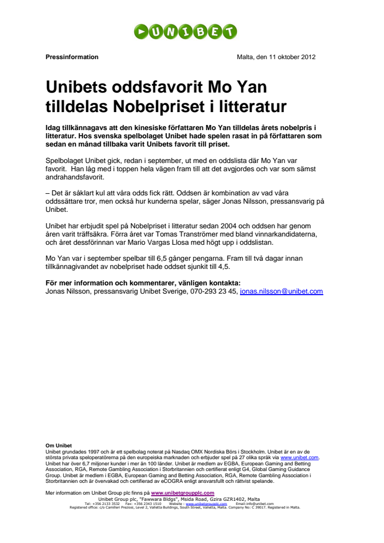 Unibets oddsfavorit Mo Yan tilldelades Nobelpriset i litteratur
