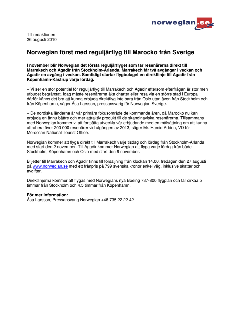 Norwegian först med reguljärflyg till Marocko från Sverige