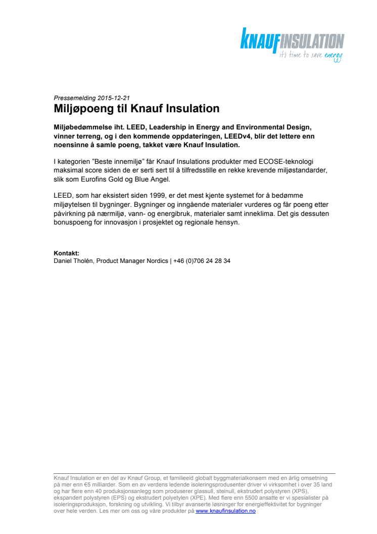 Miljøpoeng til Knauf Insulation