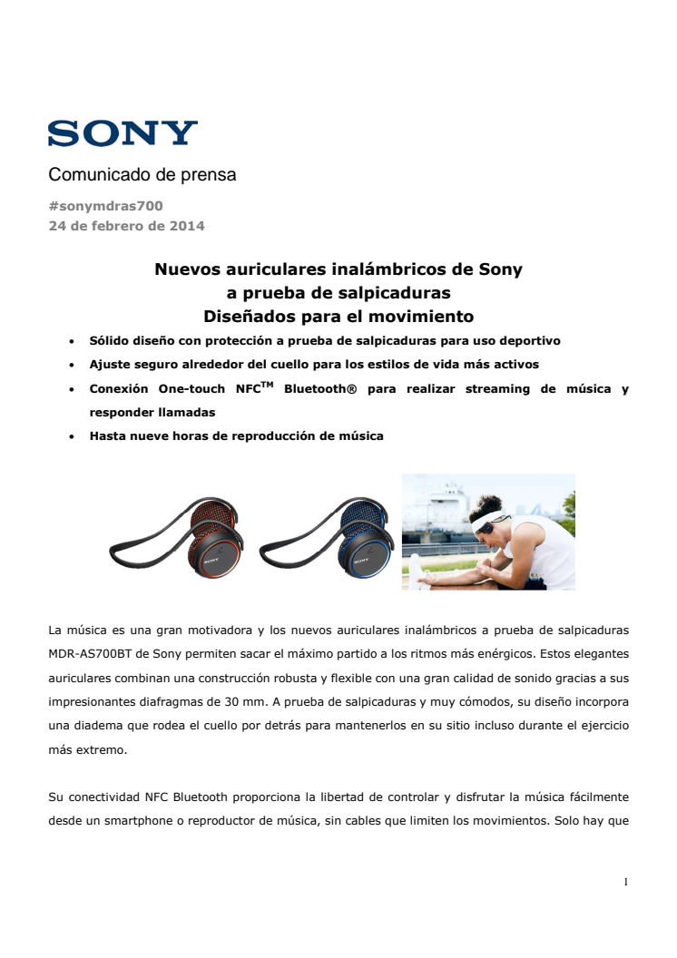 Nuevos auriculares inalámbricos de Sony a prueba de salpicaduras. Diseñados para el movimiento