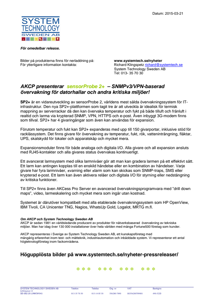 SensorProbe 2+ med SNMPv3/VPN-baserad övervakning för datorhallar och andra kritiska miljöer 