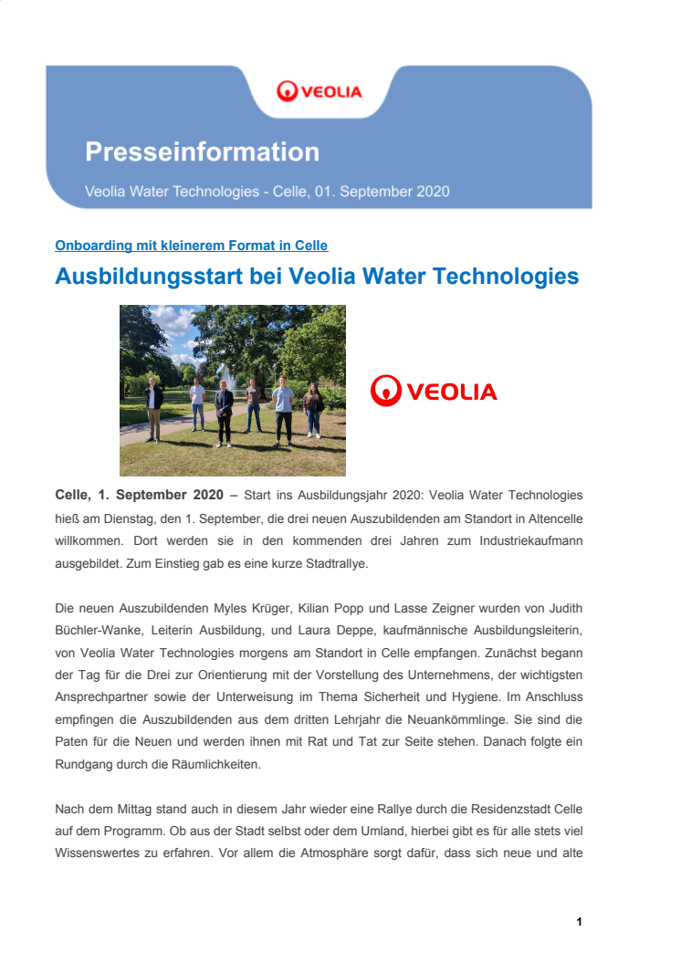 Ausbildungsstart bei Veolia Water Technologies