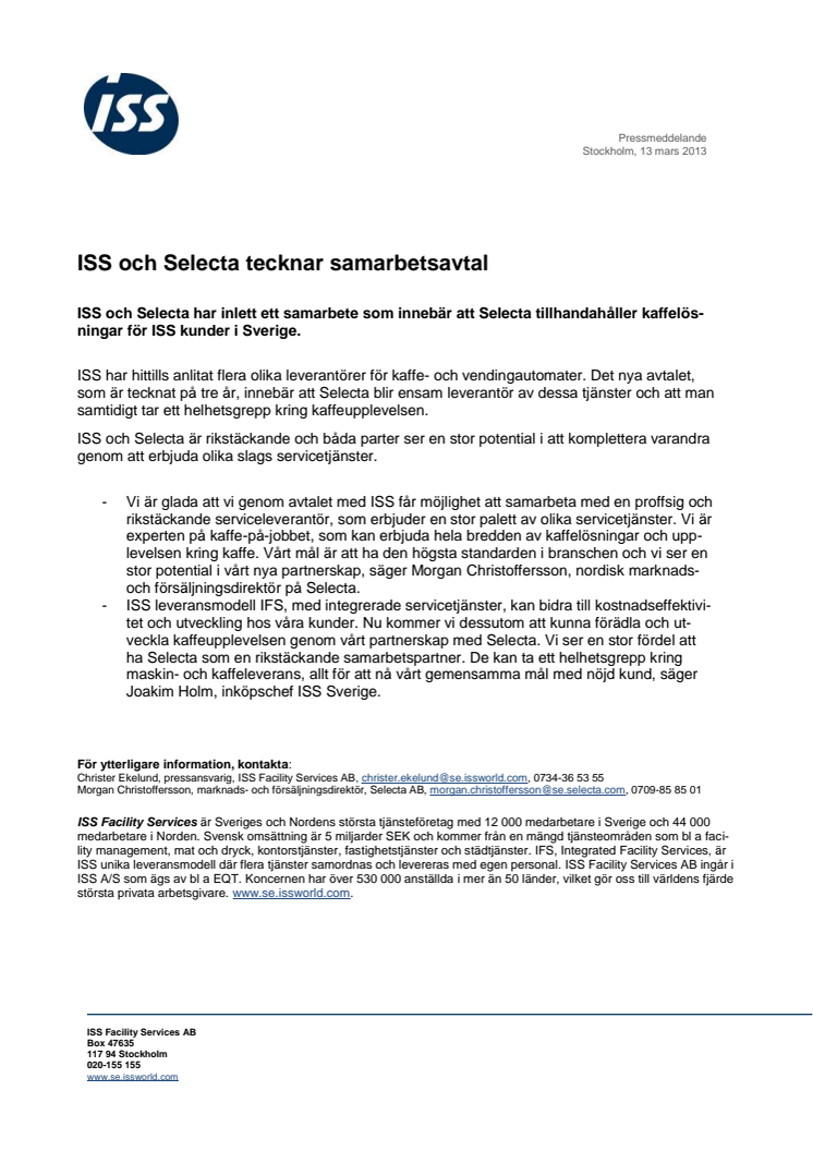 ISS och Selecta tecknar samarbetsavtal 
