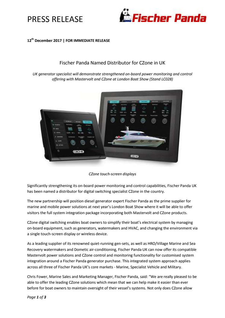 Fischer Panda Named Distributor for CZone in UK