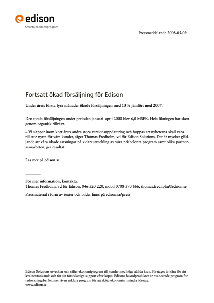 Fortsatt ökad försäljning för Edison