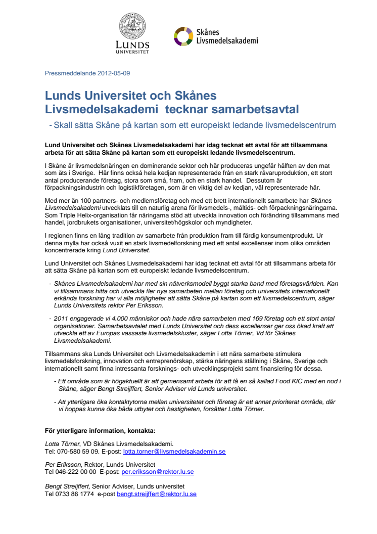Lunds Universitet och Skånes    Livsmedelsakademi  tecknar samarbetsavtal