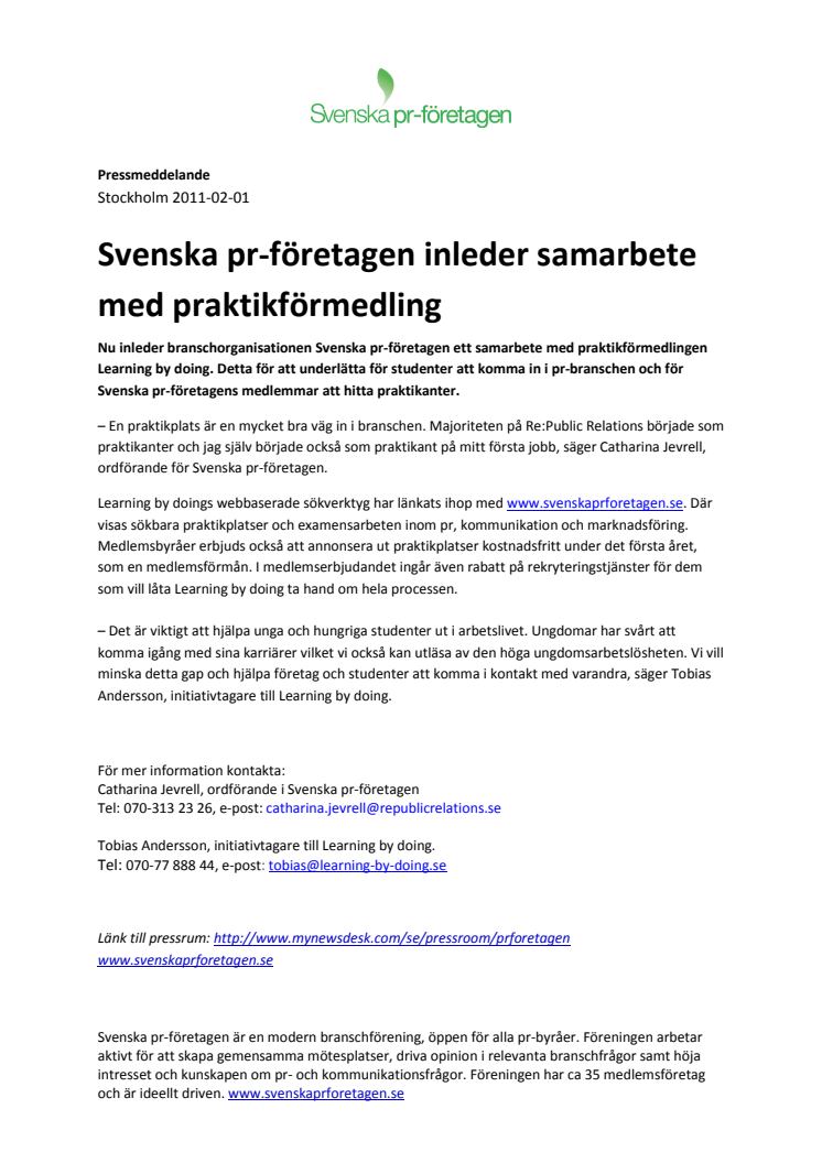 Svenska pr-företagen inleder samarbete med praktikförmedling