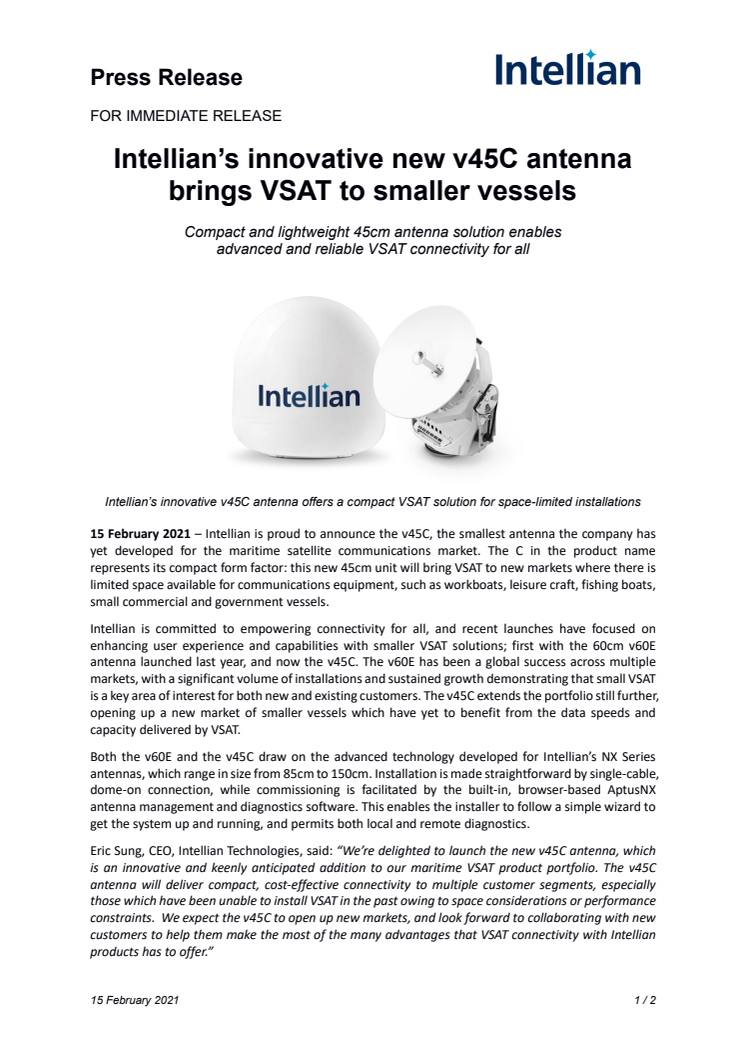 Intellian’s innovative new v45C antenna brings VSAT to smaller vessels