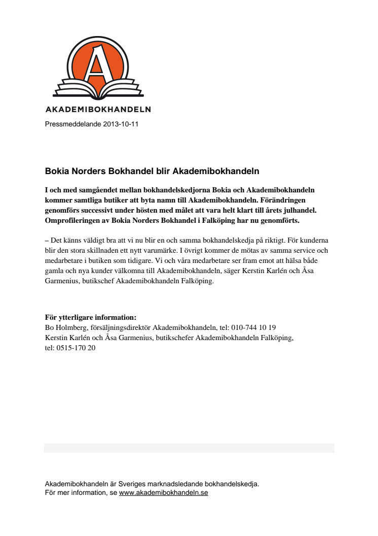 Bokia Norders Bokhandel blir Akademibokhandeln 