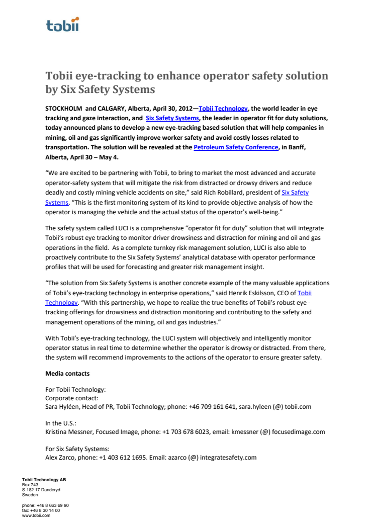 Tobii eye-tracking to enhance operator safety solution by Six Safety Systems 