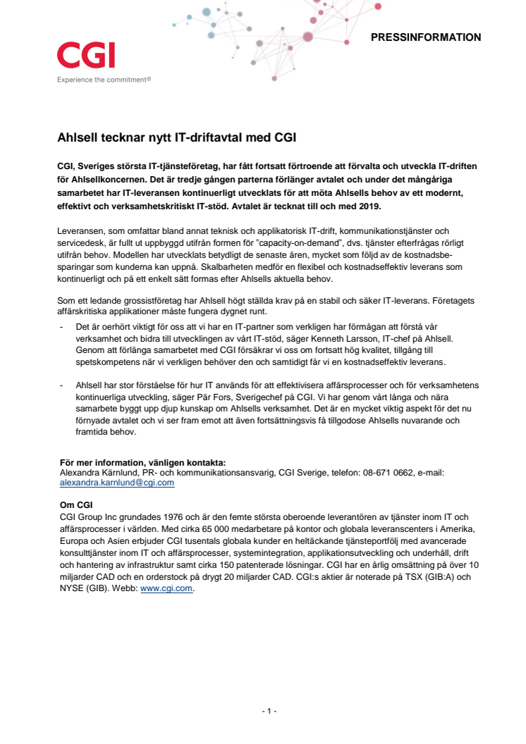 Ahlsell tecknar nytt IT-driftavtal med CGI
