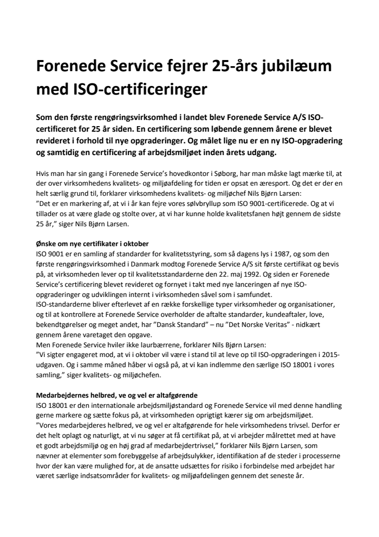 Forenede Service fejrer 25-års jubilæum med ISO-certificeringer  