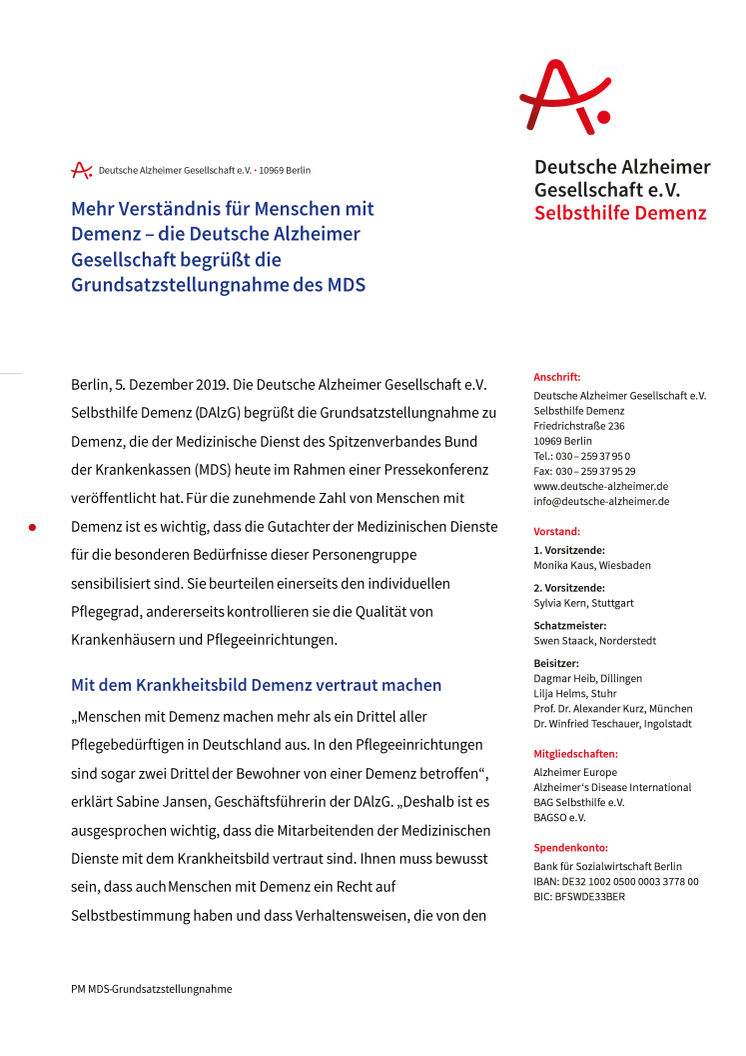 Mehr Verständnis für Menschen mit Demenz – die Deutsche Alzheimer Gesellschaft begrüßt die Grundsatzstellungnahme des MDS